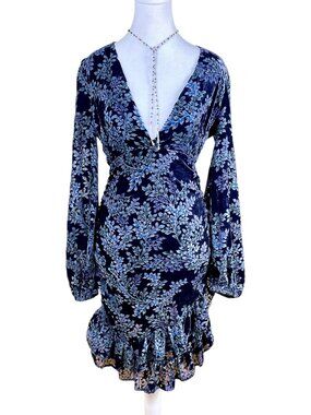 Fore Dress Velvet Burnout Floral Ruffle Blue (S)